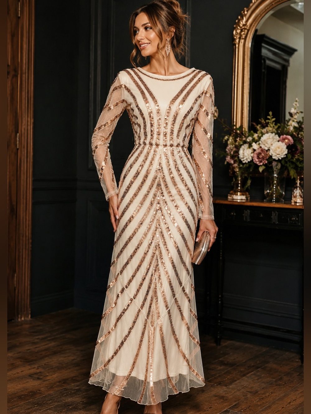 Giffniseti Rose Gold Sequin Mesh Formal Gown Long Sleeve Illusion Dress L